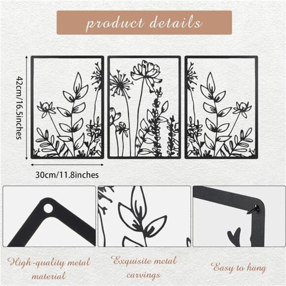 Wall Art Decor 3 Pcs Home decor Livingroom decor Black Metal Wall Art Minimalist - Picture 4 of 7